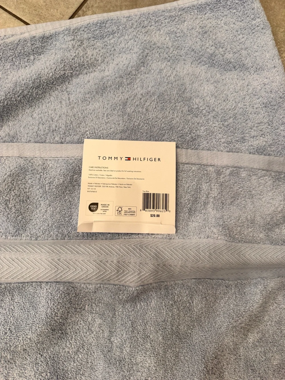 Tommy Hilfiger Pale Blue Cotton Bath Towel with Logo 30 X 76 in